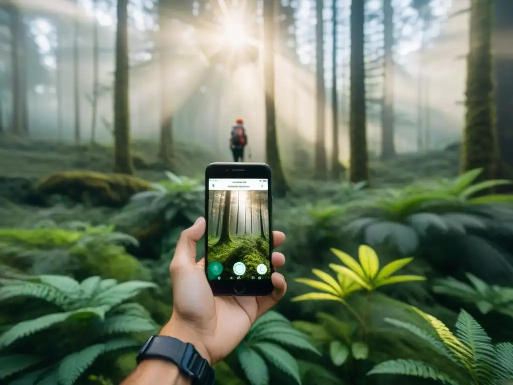 Exploración tecnológica en bosque uruguayo Explorador usando app de navegación en bosque de Uruguay, con luz solar filtrándose