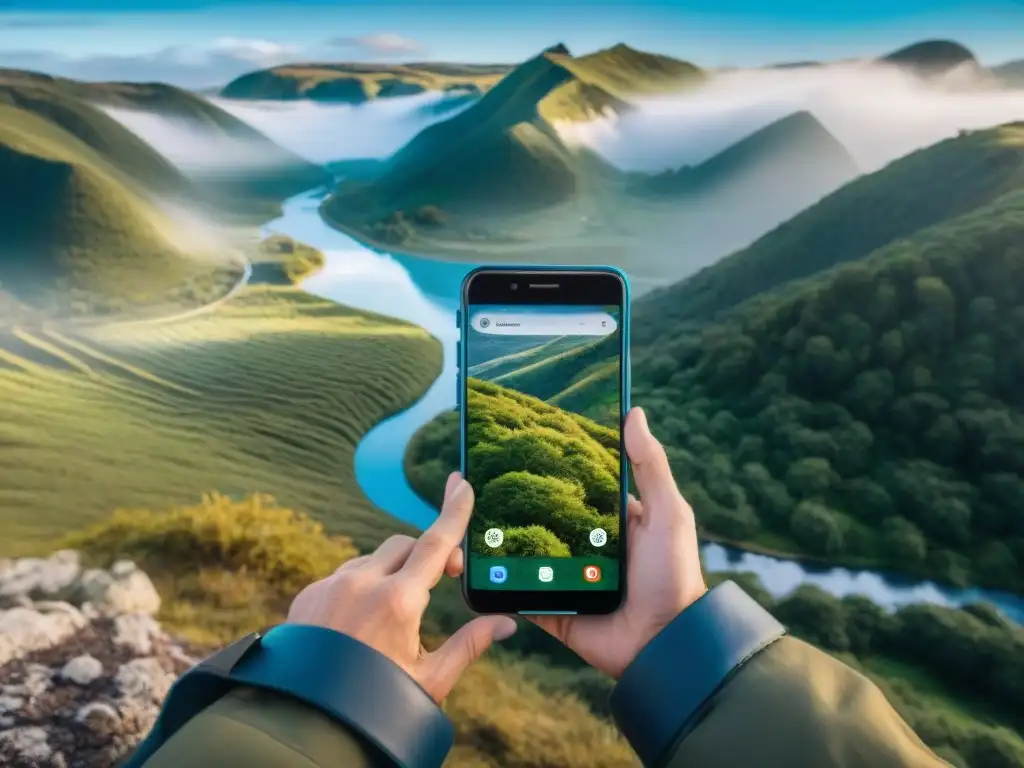 Exploración en Uruguay: naturaleza, tecnología y aventura Explorador usando app supervivencia en paisaje uruguayo con ríos y bosques verdes