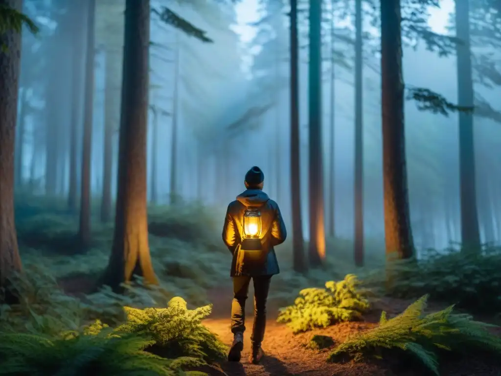 Explorador nocturno con linterna en bosque denso Explorador ilumina bosque denso con potente linterna, creando atmósfera misteriosa y cautivadora