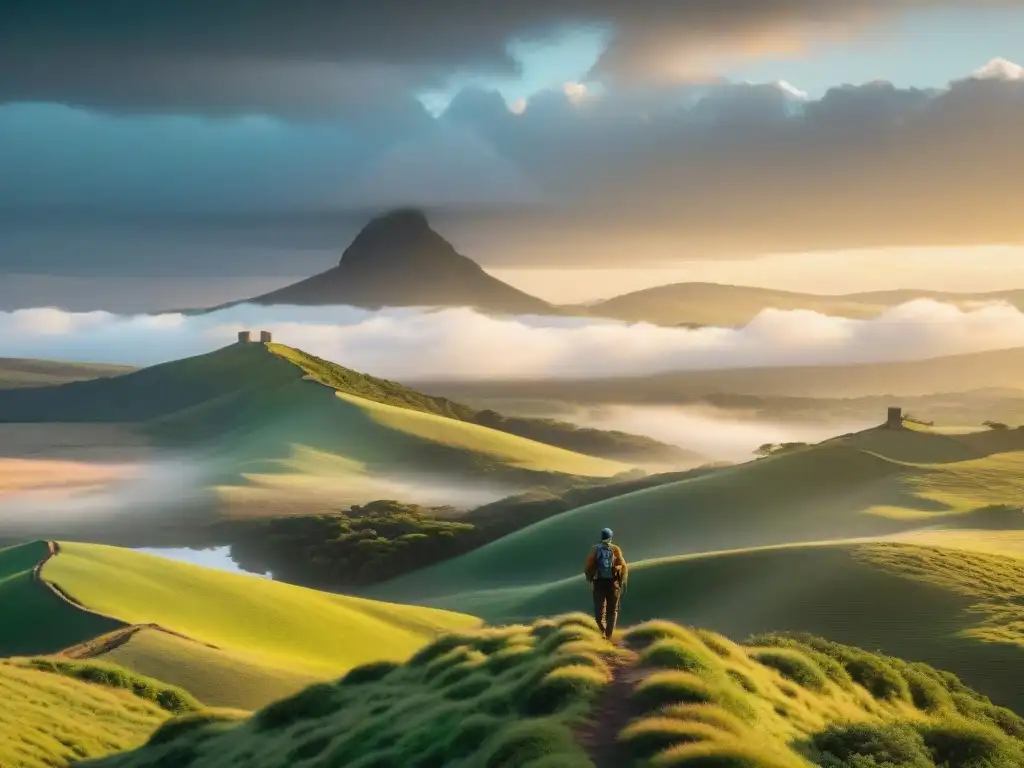 Explorador en paisaje virgen de Uruguay Un explorador experimentado en Uruguay contempla la naturaleza virgen al atardecer, utilizando técnicas ancestrales de orientación camping Uruguay