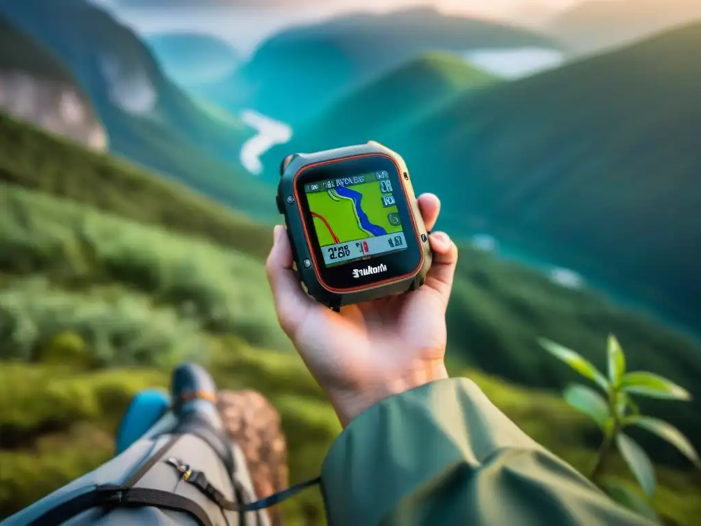 Exploración con GPS: Aventura en la naturaleza Explorador con GPS de mano en terreno montañoso