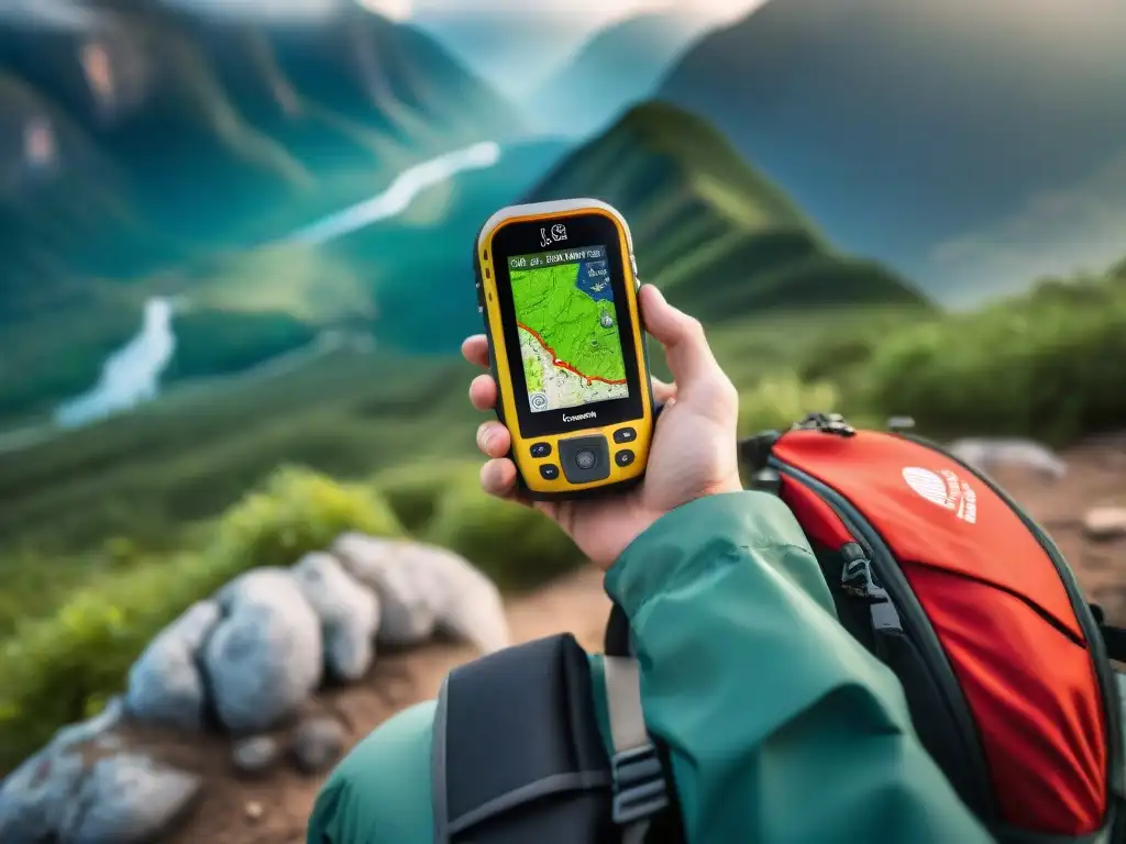 Exploración extrema: GPS en mochila en terreno montañoso Un explorador interactuando con un GPS en terreno escarpado