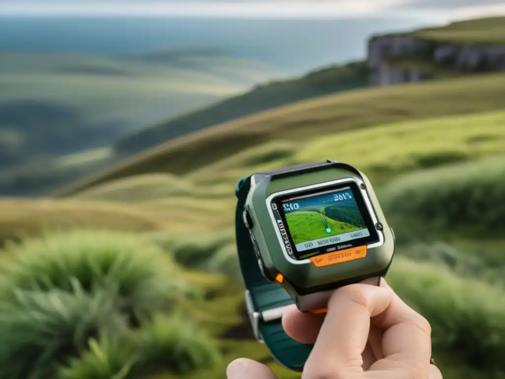 Explorador tecnológico en paisajes verdes de Uruguay Explorador usando mejores gadgets orientación camping en exuberantes paisajes de Uruguay