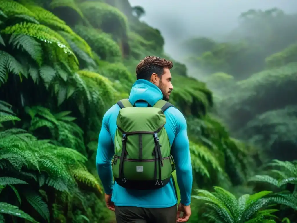 Explorador con mochila técnica impermeable en bosque lluvioso de Uruguay