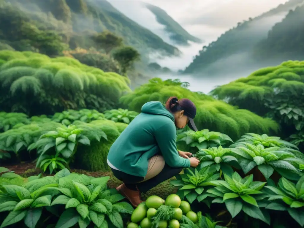 Explorador identificando plantas comestibles en la naturaleza Explorador examinando planta en bosque, reflejando habilidades de supervivencia camping en Uruguay