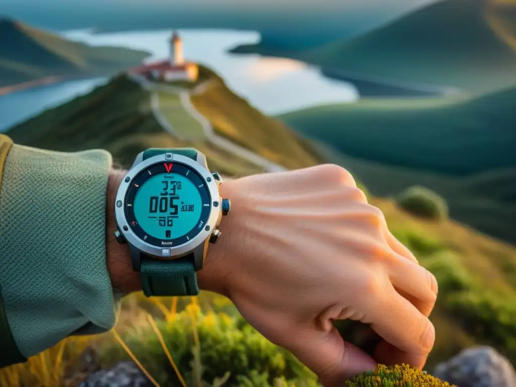 Reloj GPS de aventura en Uruguay: precisión y funcionalidad Explorador con reloj GPS en paisaje uruguayo, destacando funcionalidad para camping y hiking