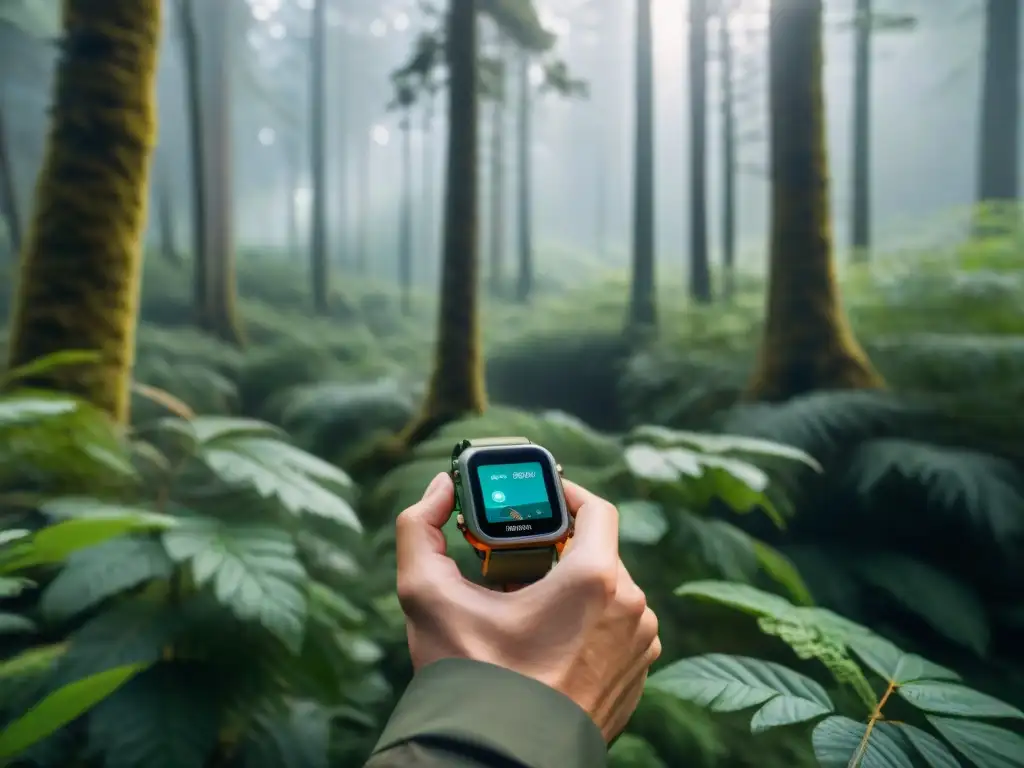 Smartwatch de supervivencia: tecnología avanzada para acampar Explorador con reloj inteligente en un bosque, mostrando datos de supervivencia