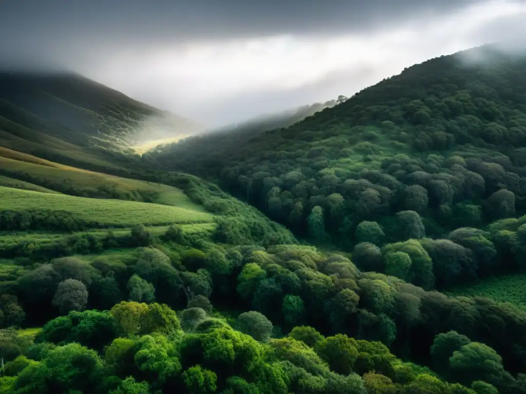Explorador en paisaje uruguayo desafiante Un explorador solitario en la accidentada naturaleza de Uruguay, bajo un cielo tormentoso