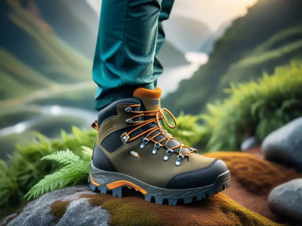 Botas de camping avanzadas en terreno rugged de Uruguay Un explorador avanza por terreno escarpado en Uruguay con su calzado de camping avanzado, rodeado de exuberante vegetación