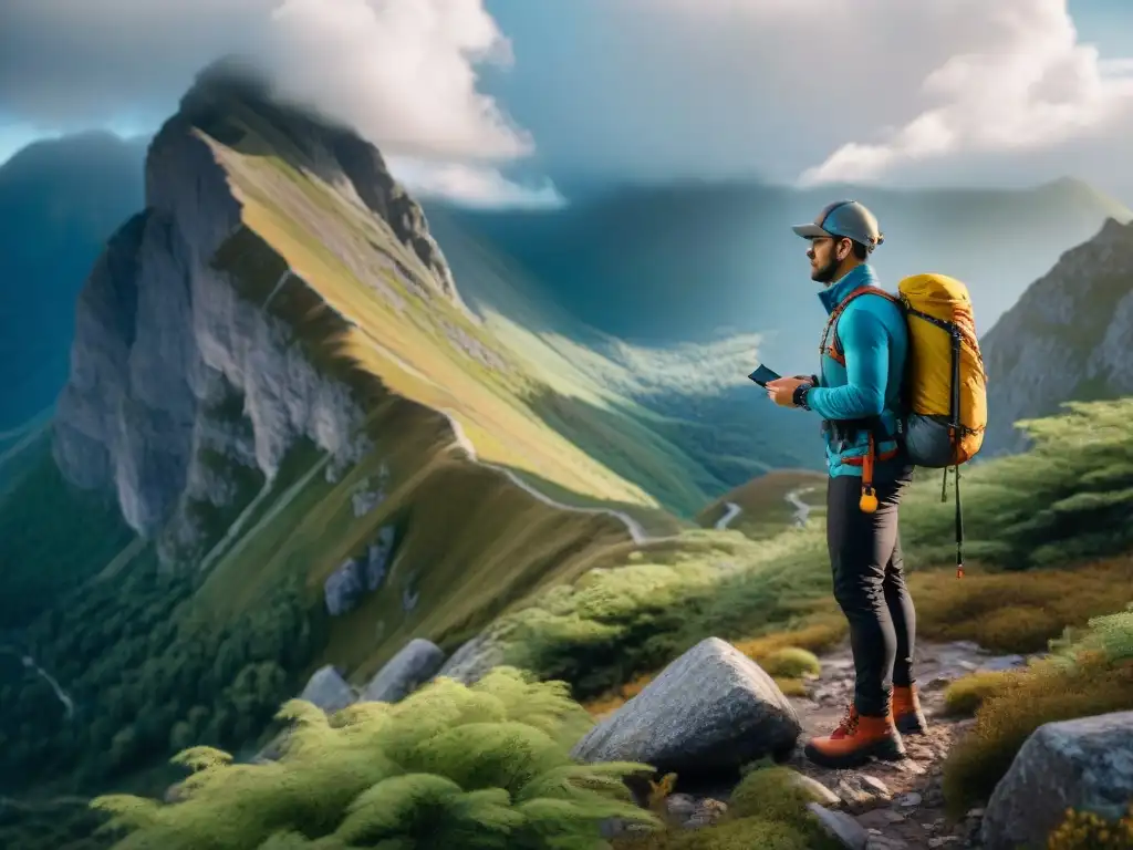 Explorador en montaña usa GPS para navegación precisa Explorador en terreno montañoso usando GPS para precisión