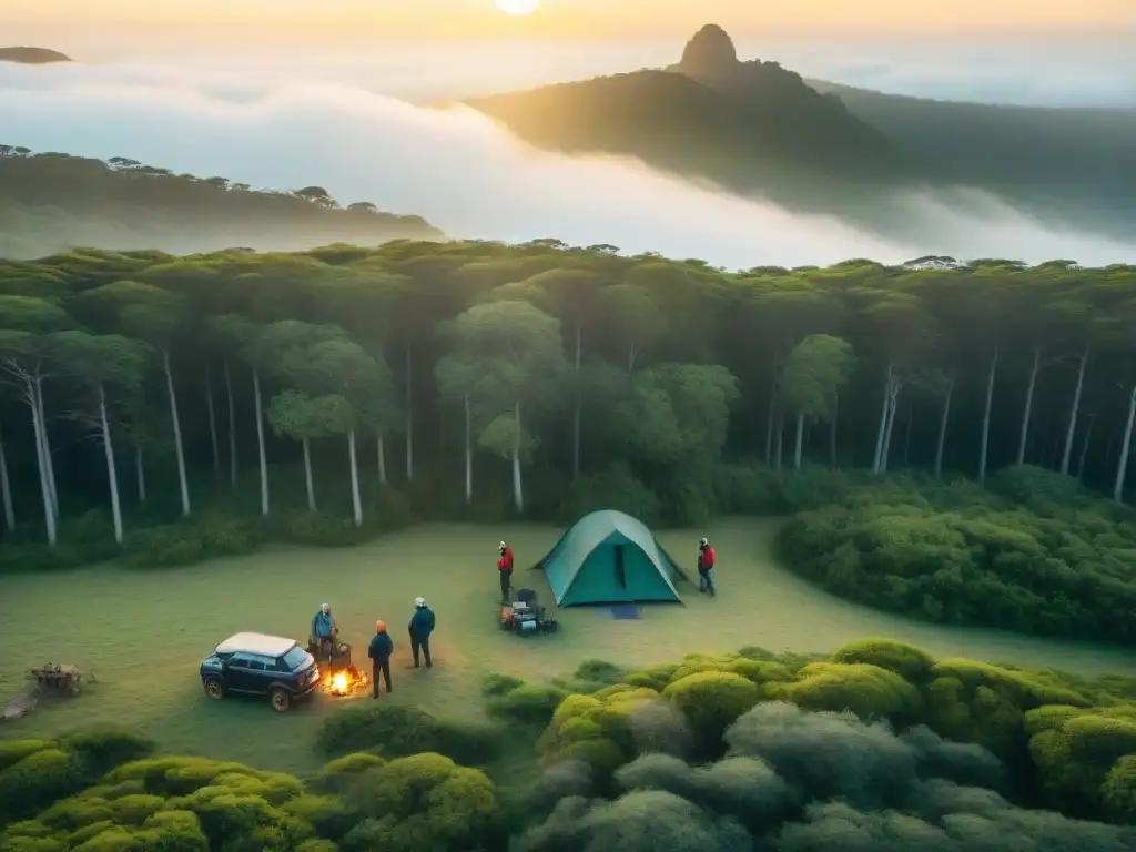 Exploradores montando campamento al atardecer en bosque uruguayo, con dron capturando la escena Exploradores arman campamento en bosque de Uruguay al atardecer con dron