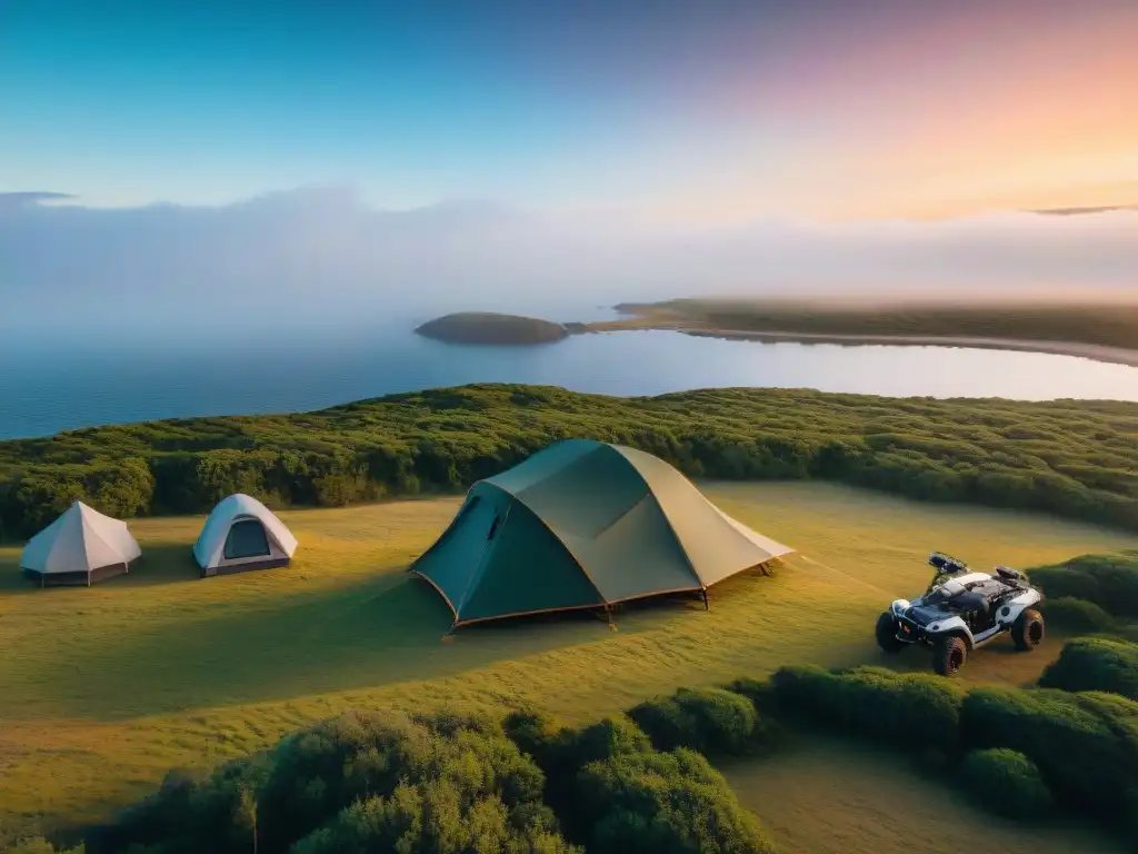 Exploradores al atardecer: Campamento sereno en Uruguay Exploradores preparando campamento al atardecer en Uruguay con drone y normativas drones Uruguay camping