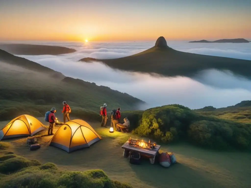 Exploradores en campamento al atardecer en la selva de Uruguay Exploradores montan campamento en la exuberante naturaleza de Uruguay, iluminados por linternas en el atardecer dorado