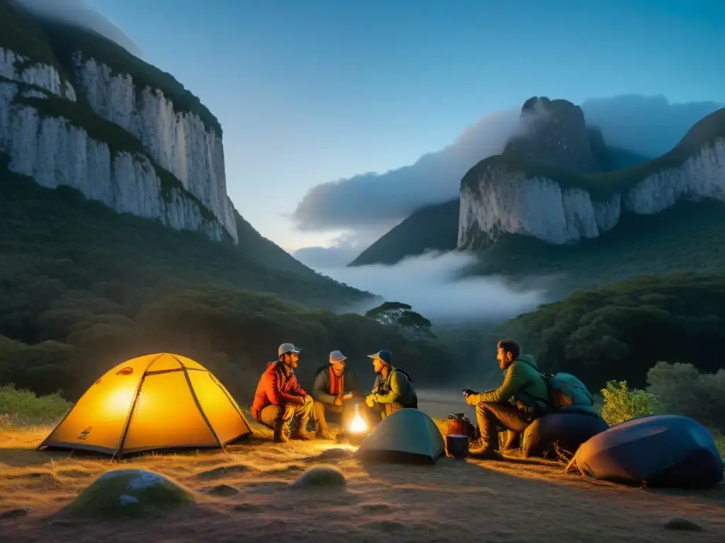 Exploradores en la selva de Uruguay: preparativos al anochecer Exploradores preparando campamento en la exuberante naturaleza de Uruguay al anochecer, iluminados por linternas camping