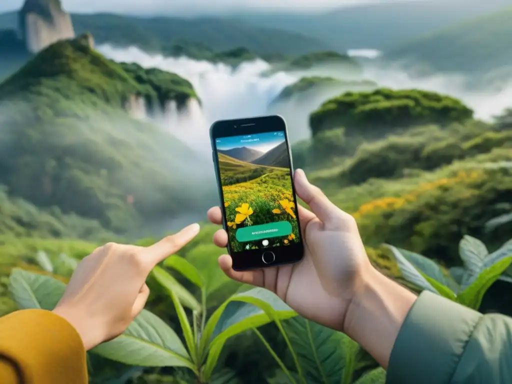 Exploración natural con app: campistas identifican flora y fauna en Uruguay Exploradores en camping usando app de identificación de flora y fauna en un bosque exuberante en Uruguay