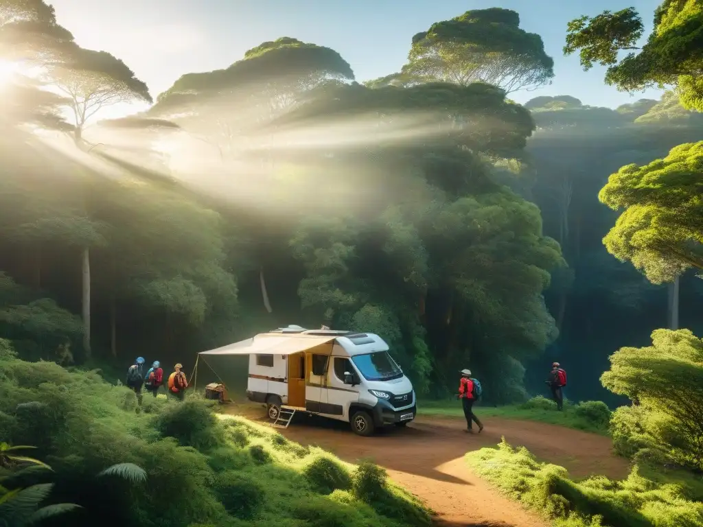 Exploradores en Uruguay: Navegando con GPS en la selva Exploradores de camping en Uruguay utilizan GPS en bosque verde, bajo el sol