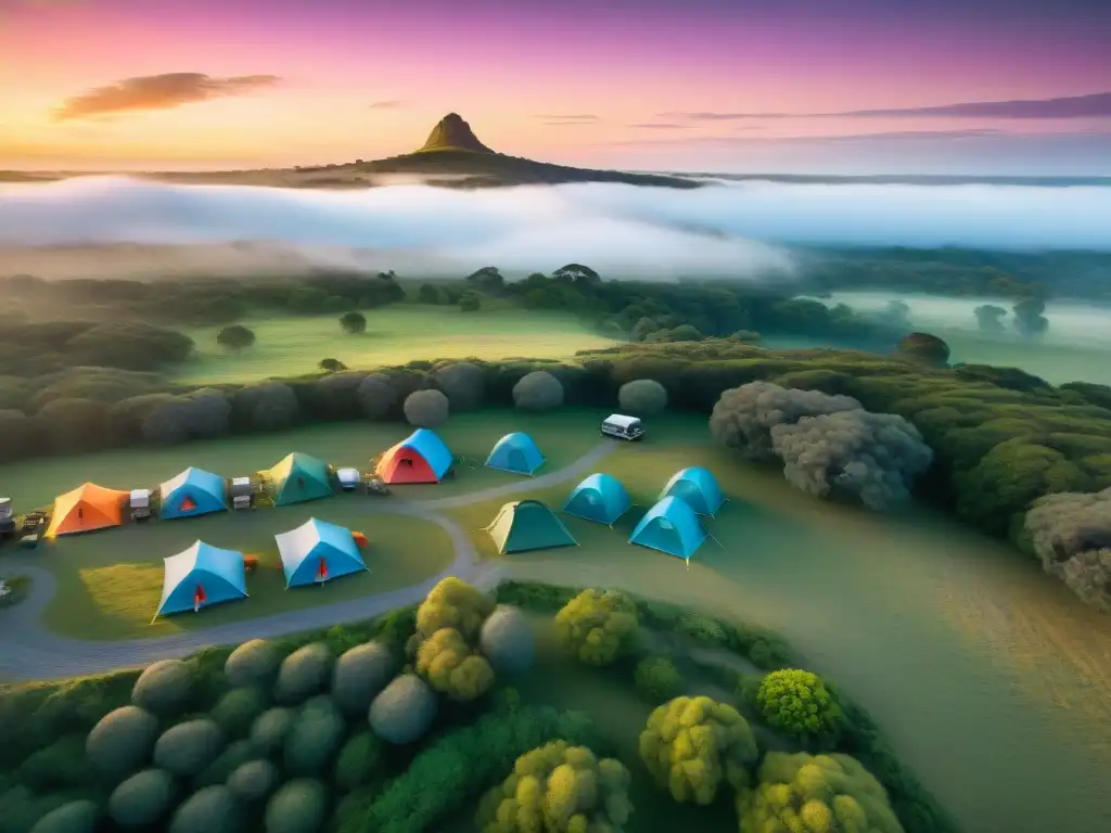 Campamento eco-sostenible en Uruguay: tecnología y tradición en armonía Exploradores disfrutan del camping en Uruguay con GPS, tiendas de colores y fogatas bajo un atardecer vibrante