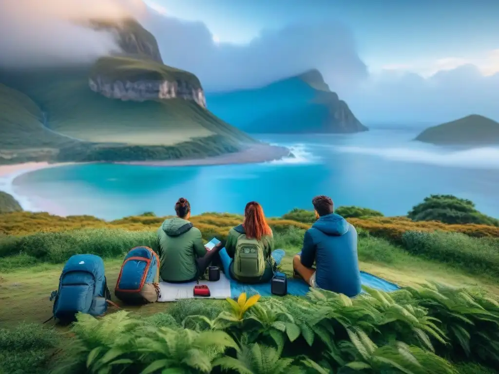 Exploración GPS en campamento uruguayo Exploradores concentrados evitando errores GPS en camping Uruguay