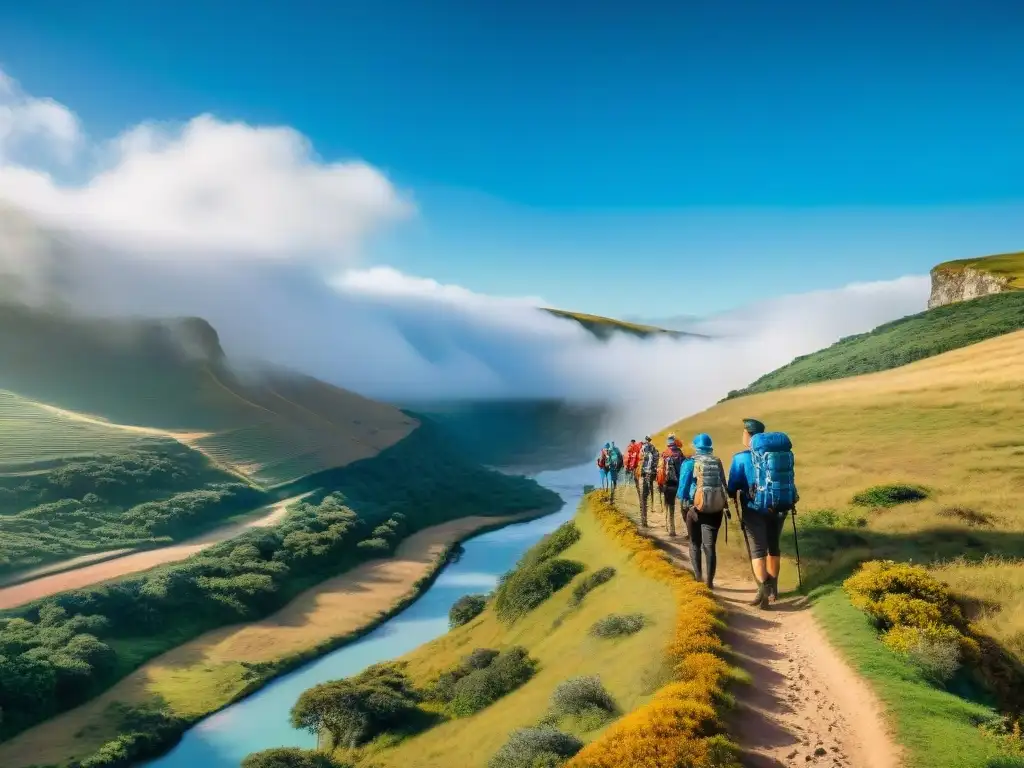 Exploradores felices en Uruguay: paisajes verdes y ríos Exploradores felices en un acantilado, admirando paisaje de Uruguay