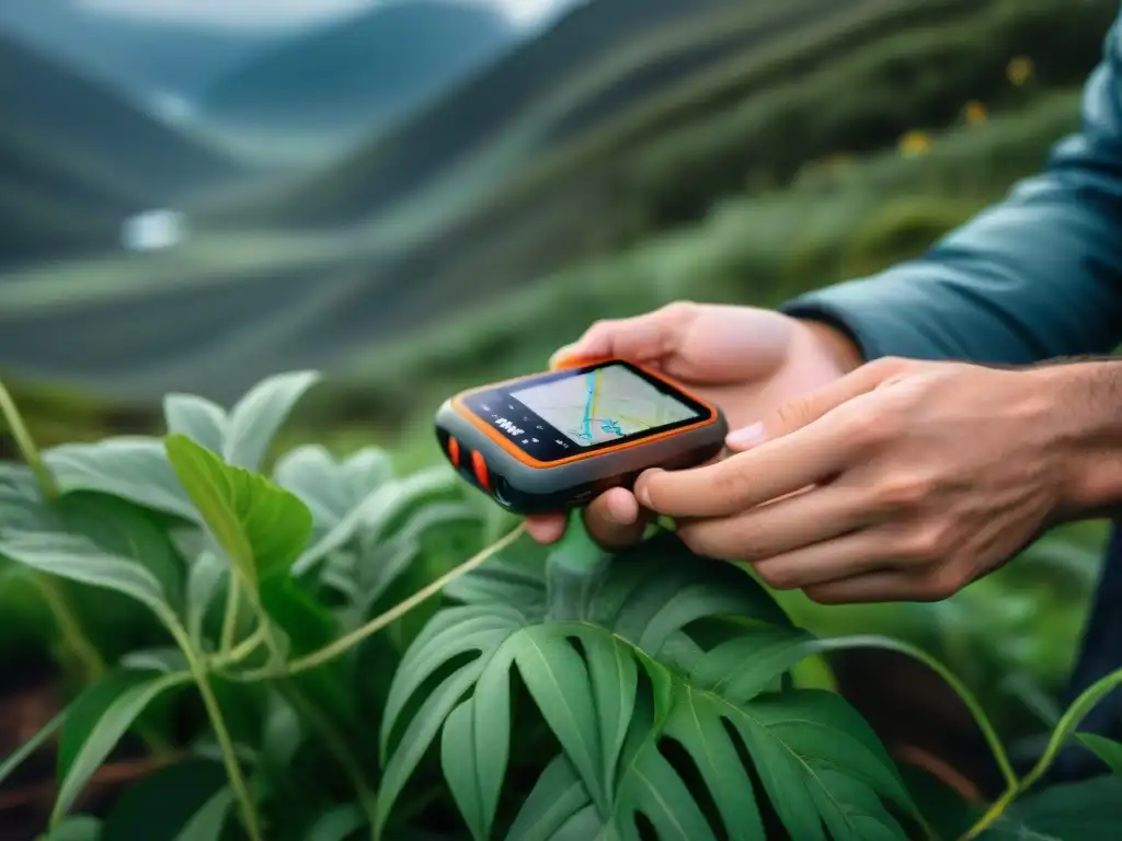 Exploradores ajustando GPS en la exuberante naturaleza de Uruguay Exploradores ajustan GPS en la exuberante naturaleza de Uruguay