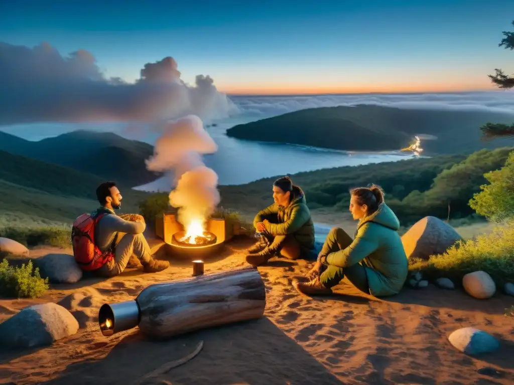 Exploradores en Uruguay: Noche de campamento iluminada Exploradores disfrutan de la noche en Uruguay, iluminados por linternas de camping