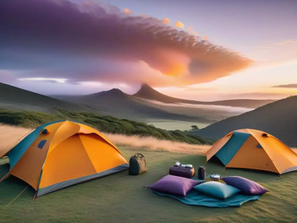 Atardecer mágico: campamento en Uruguay Exploradores montan tiendas al atardecer en un camping en Uruguay