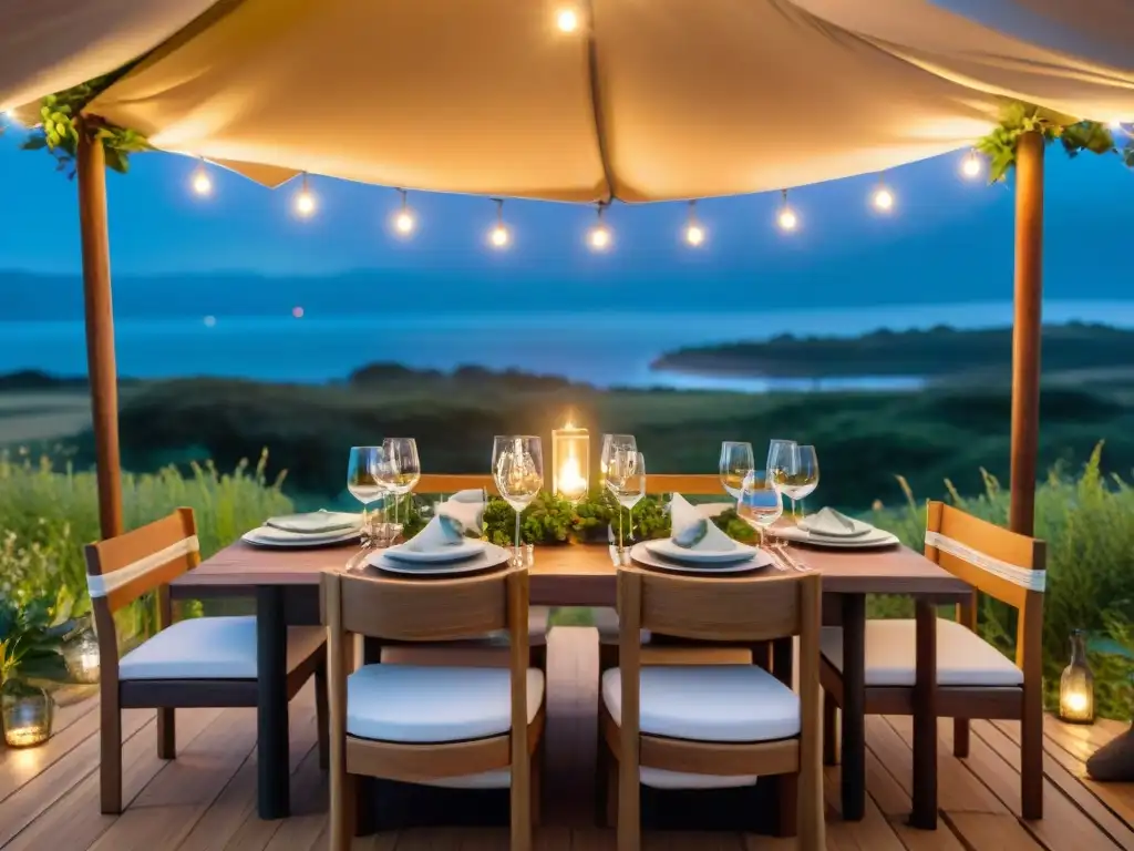 Cena gourmet al atardecer entre luces y naturaleza en Uruguay Disfruta de la exquisita gastronomía camping en Uruguay bajo las estrellas