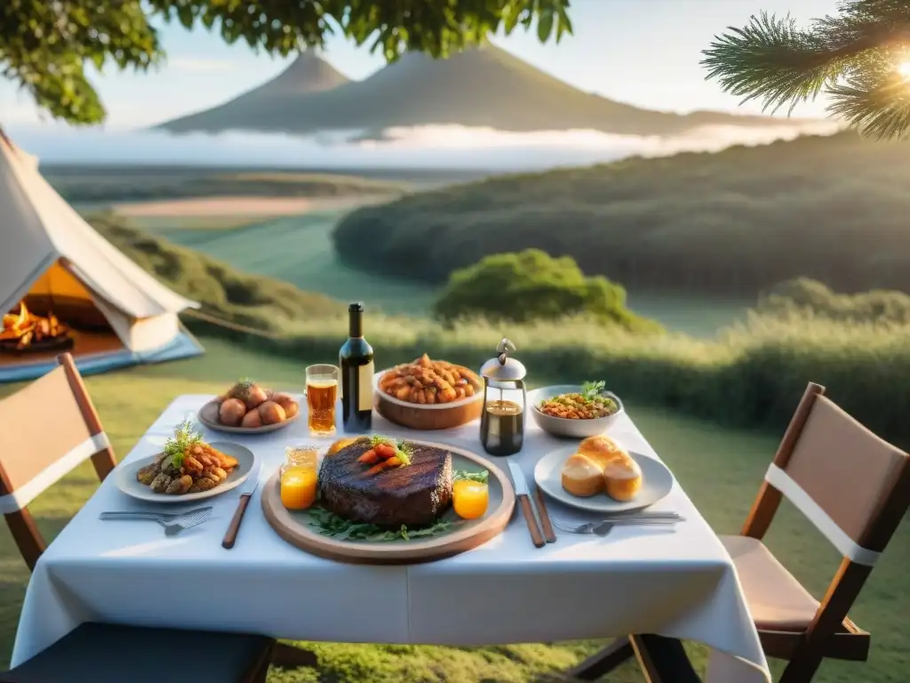 Experiencia gastronómica de lujo en glamping uruguayo Exquisita mesa de platos típicos camping Uruguay en escena de glamping lujoso y natural