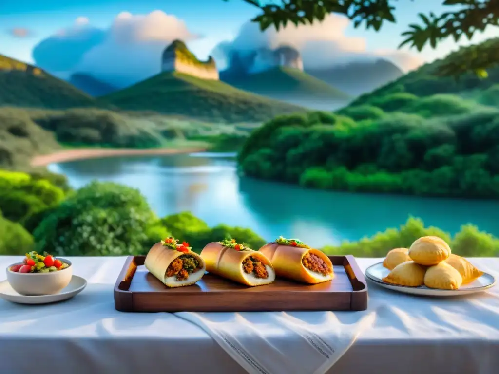 Exquisita gastronomía uruguaya en entorno natural Un exquisito picnic gourmet en Uruguay: Chivito, Asado y Empanadas en una mesa de madera bajo el cielo abierto