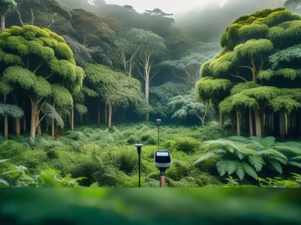 Explorando el exuberante bosque uruguayo con GPS Viñeta de un exuberante bosque en Uruguay con errores GPS a evitar al acampar