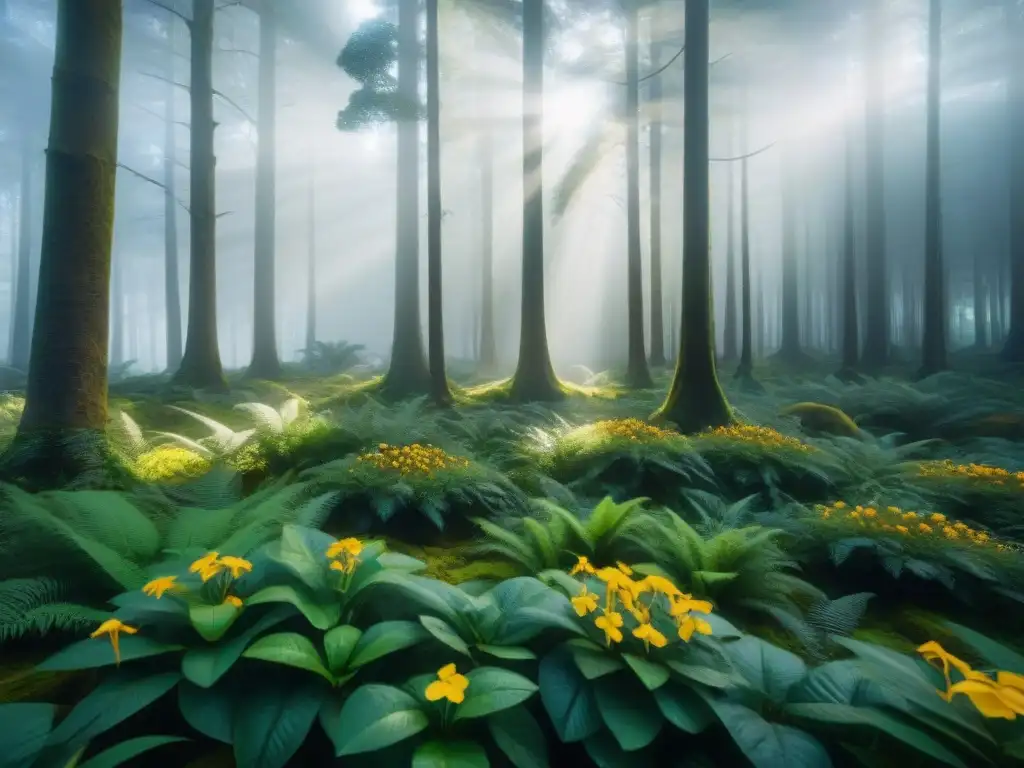 Bosque exuberante de Uruguay: flora y fauna nativa en alta resolución Exuberante bosque en Uruguay con flora y fauna nativa, resaltando la importancia de la minimización de rastros camping Uruguay