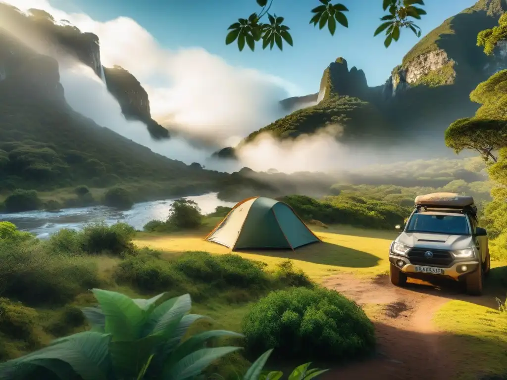 Explorando la belleza salvaje de un bosque en Uruguay Explorando la exuberante naturaleza de Uruguay, campistas seguros montan su tienda junto al río