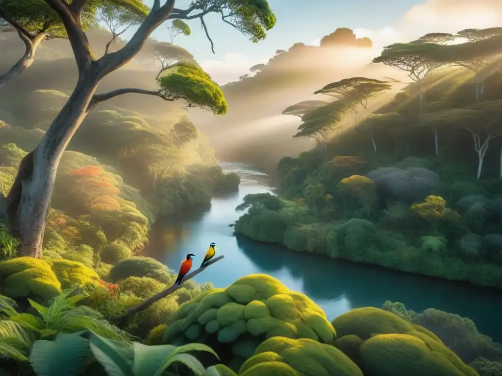 Esplendor aviar: diversidad de aves en bosque uruguayo Una exuberante selva de Uruguay con diversidad de aves coloridas en ramas
