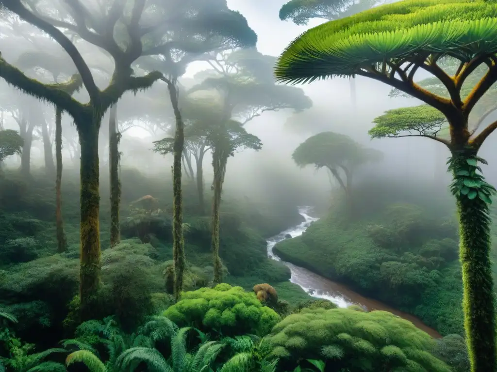 Esplendor natural: Bosque exuberante de Uruguay Una exuberante selva en Uruguay con ceibos, bromelias y orquídeas, capibaras, tucanes y monos aulladores