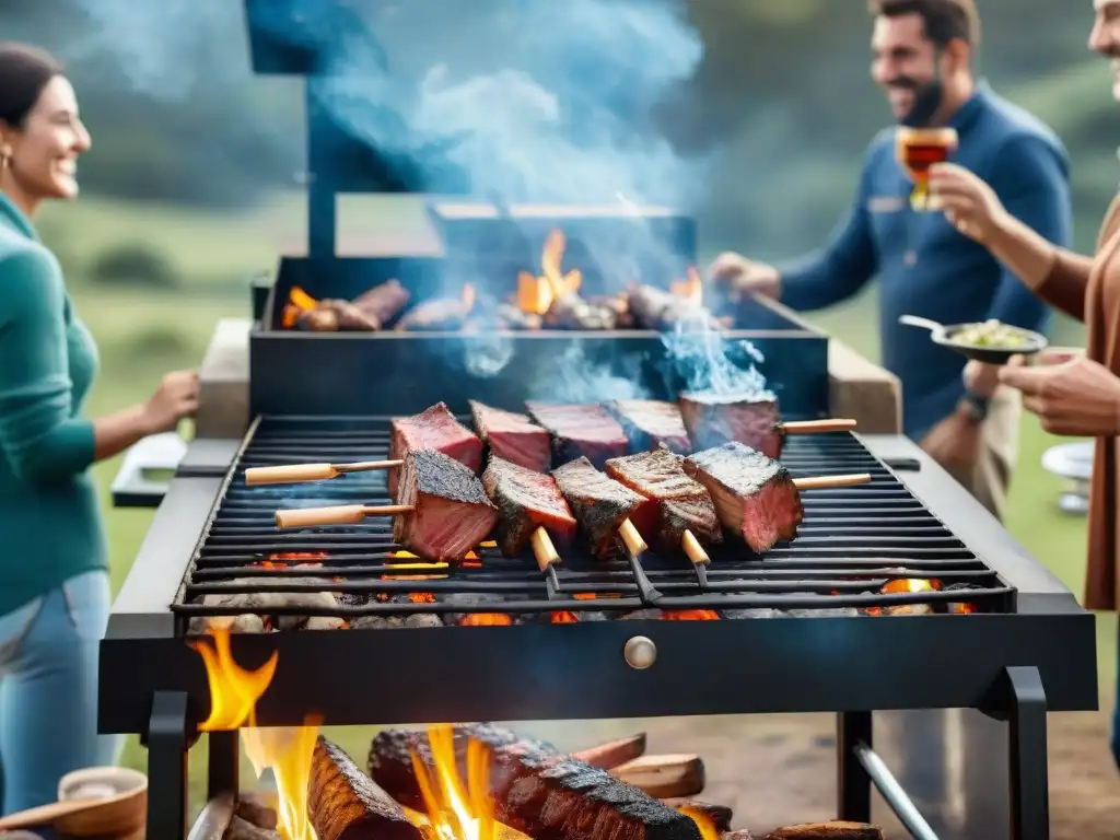 Asado familiar en Uruguay: Tradición y naturaleza en un campamento Familia disfrutando de un asado uruguayo en un camping, rodeados de naturaleza