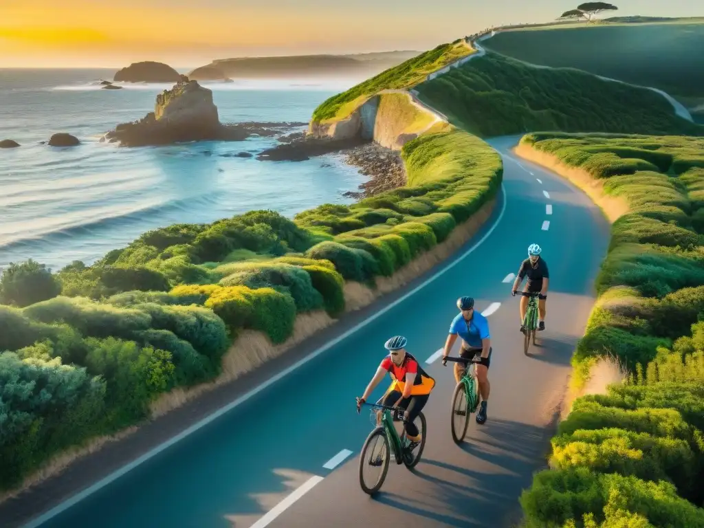 Aventura familiar en bicicleta por la costa de Uruguay Familia en bicicleta disfruta de rutas ciclísticas familiares en Uruguay al atardecer