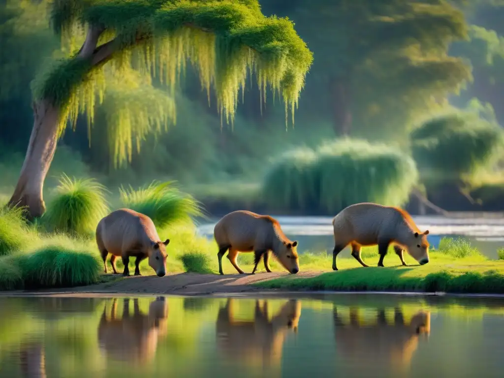 Armonía en el bosque: familia de capibaras en Uruguay Familia de carpinchos en un bosque uruguayo, protegiendo la fauna autóctona uruguaya