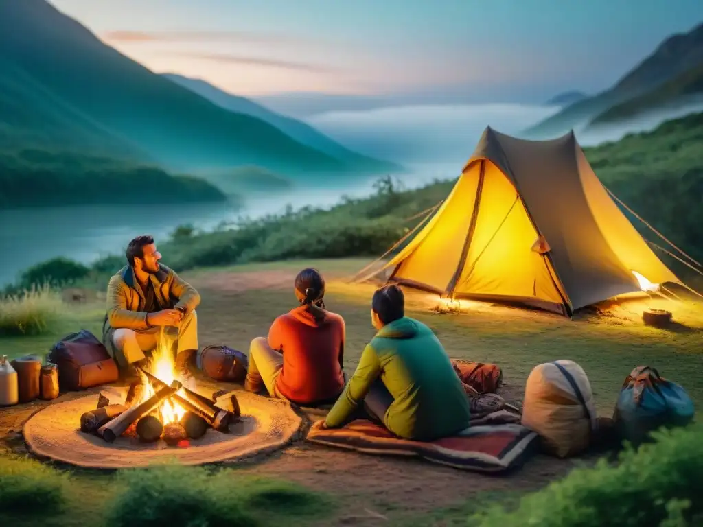 Encantadora escena familiar alrededor de la fogata en el bosque Una familia uruguaya disfruta de un cálido campamento en el bosque, asando malvaviscos alrededor de la fogata