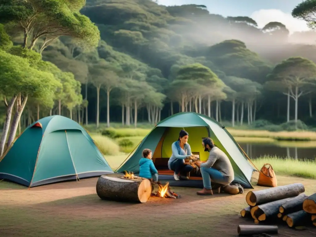 Familia unida armando campamento en bosque uruguayo Familia montando campamento en bosque de Uruguay, mostrando unión y alegría