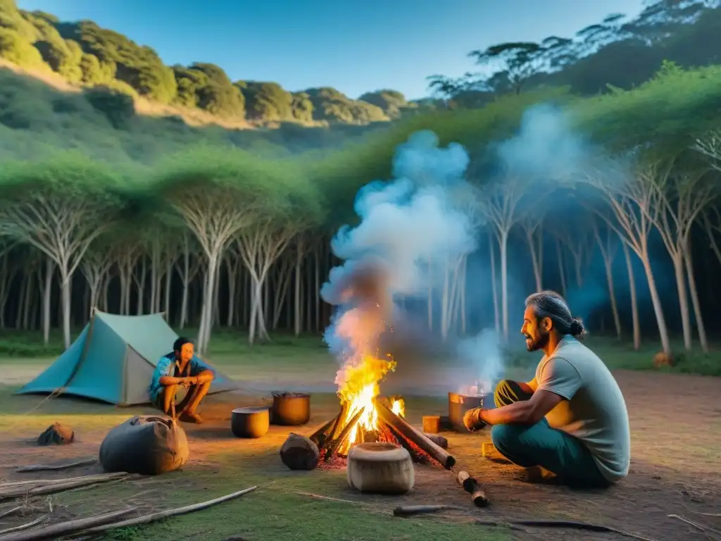 Enseñanza ancestral: familia monta campamento en bosque de Uruguay Una familia monta campamento en un frondoso bosque de Uruguay, enseñando consejos de supervivencia