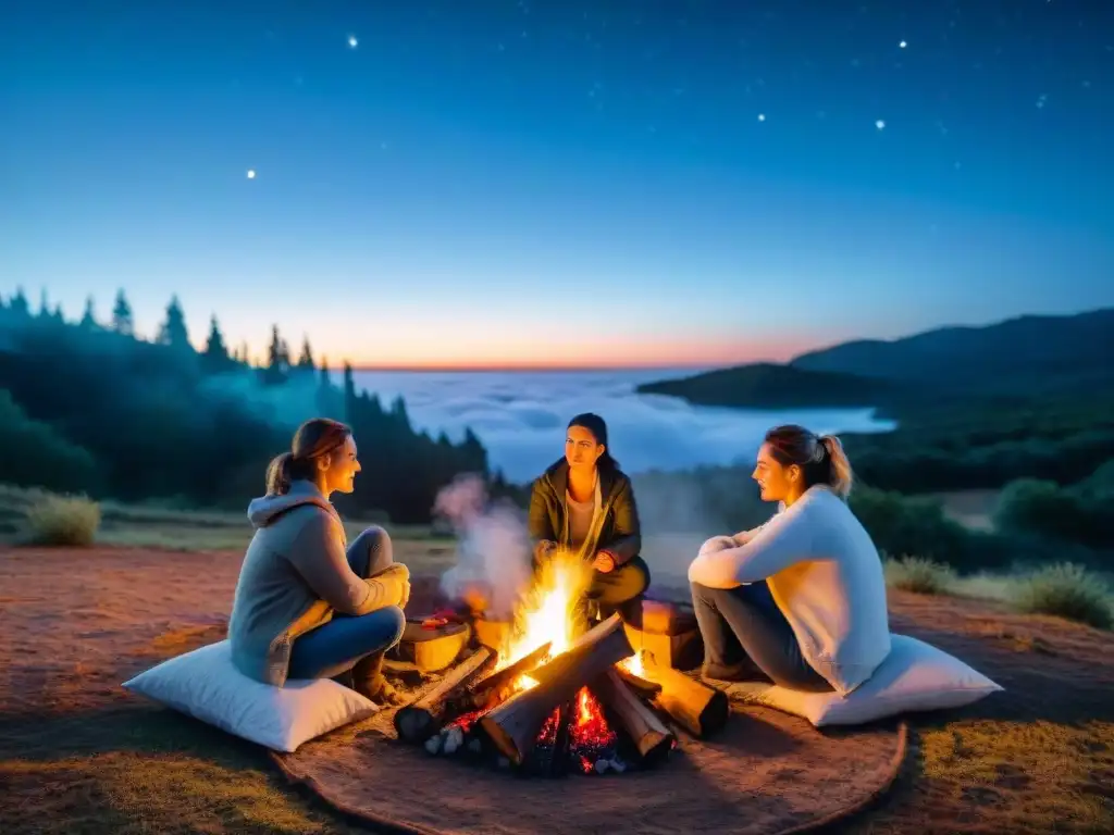 Emotiva velada familiar alrededor de fogata en Uruguay Una familia disfruta de un campamento nocturno en la naturaleza de Uruguay, compartiendo consejos supervivencia camping Uruguay