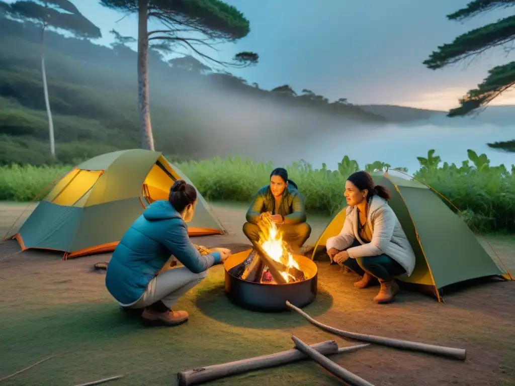 Montaje seguro de campamento familiar en bosque de Uruguay Una familia monta un campamento seguro en los bosques de Uruguay, siguiendo consejos de supervivencia camping