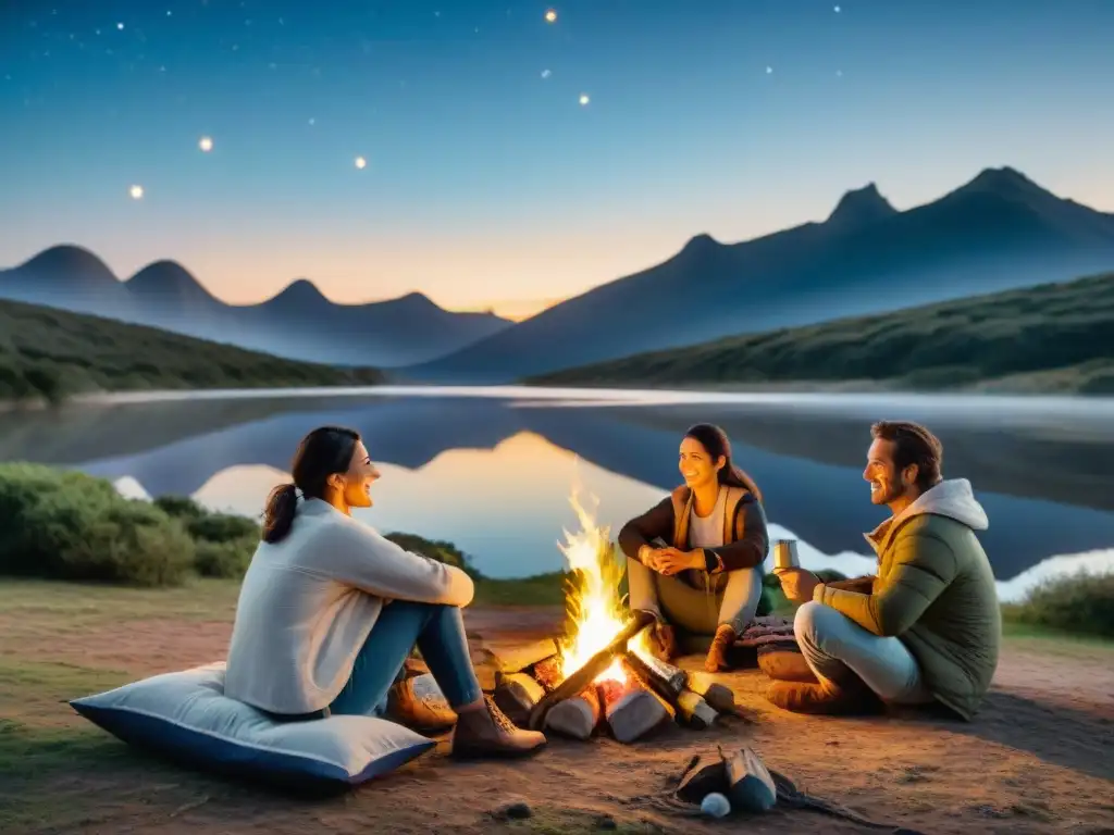 Familia uruguaya disfruta fogata bajo las estrellas Familia uruguaya disfrutando el camping alrededor de fogata al atardecer, conectados con la naturaleza