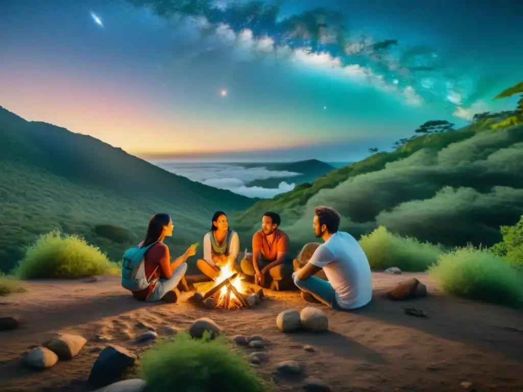 Magia familiar en el bosque de Uruguay: cuentos bajo las estrellas Familia disfruta de camping en Uruguay, compartiendo historias alrededor de fogata