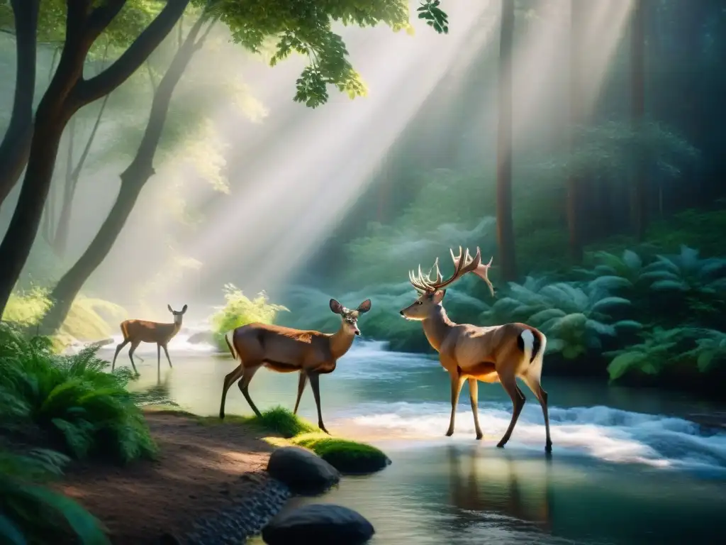 Deer en armonía: familia bebiendo en el bosque Familia de ciervos bebiendo en arroyo, luz y sombra en bosque