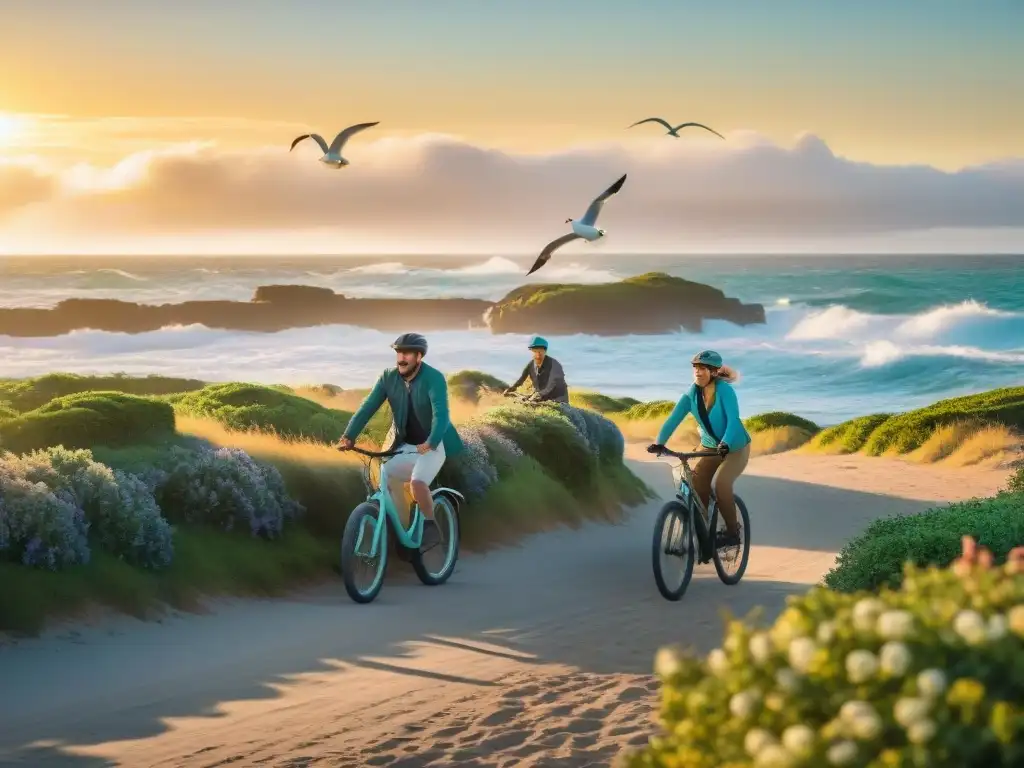 Aventura en familia: bicicletas al atardecer en la costa de Uruguay Una familia pedaleando felices en rutas ciclísticas familiares Uruguay, con el sol dorado al atardecer