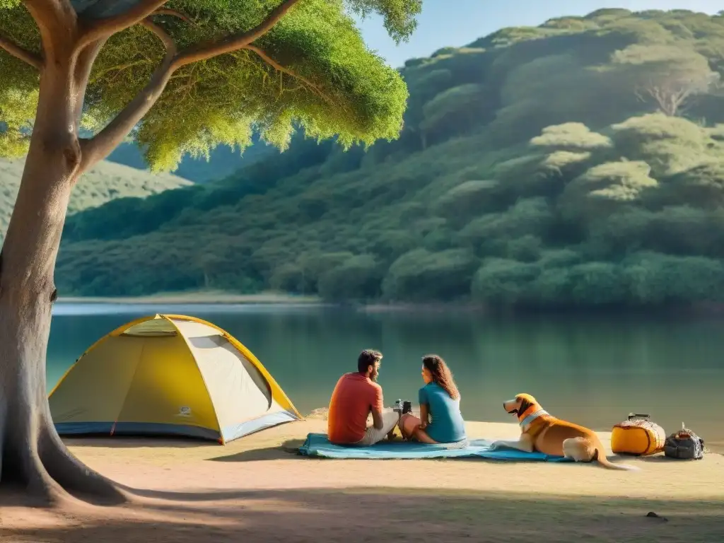 Escena familiar: camping sereno en Uruguay Una familia feliz montando su campamento en Uruguay, disfrutando juntos bajo un árbol junto al lago