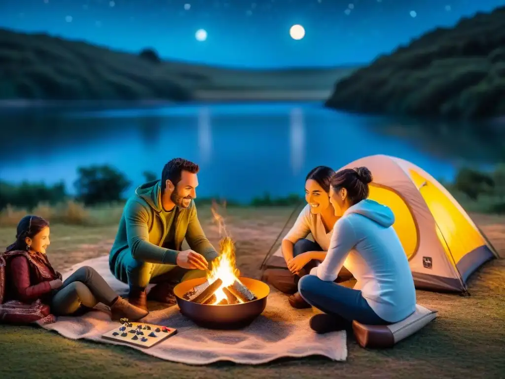 Familia feliz juega juegos de mesa en campamento estrellado en Uruguay Familia feliz jugando juegos de mesa en camping en Uruguay bajo la noche estrellada