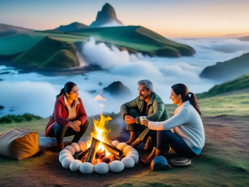 Familia uruguaya disfruta fogata en campamento Familia uruguaya disfrutando de una fogata en el campo, reflejando la tradición de camping en Uruguay