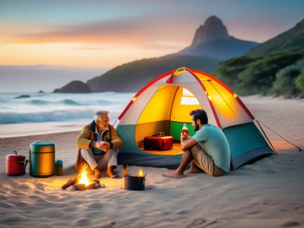 Campamento familiar uruguayo al amanecer en la playa Una familia uruguaya de varias generaciones monta un campamento tradicional en una playa al amanecer, evocando la calidez de la tradición familiar